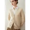 Suéter cardigan de cashmere puro com gola redonda para mulheres, jaqueta de malha solta e simples na cor sólida, novo top