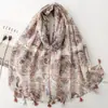 Bufanda de Color Té con Leche Suave Estampado Paisley con Borlas Estilo Étnico Algodón y Lino Tacto Chal Grande Protección Solar para Viaje