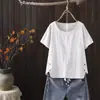 2024 Nueva Ropa de Verano para Mujer Camiseta de Algodón Lino Top para Mujer Manga Corta Holgado Media Manga Color Sólido Artístico Retro Estilo Étnico