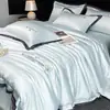Serie de Seda de Hielo de Lujo Ligero Juego de Cuatro Piezas, Sábana Plana de Color Sólido Simple, Funda Nórdica, Juego de Sábanas Ajustables, Ropa de Cama de Verano