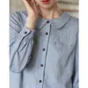 Camisa de Algodón a Rayas Azules Nesolum Sea Salt de Manga Larga para Mujer, Top Elegante Retro Francés de Otoño con Cuello Peter Pan