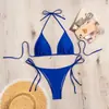 Biquíni de Três Peças Roupa de Banho Cruzada Sexy com Cordão Amarração Costas Nuas Biquíni Cor Sólida Amarrado Roupa de Banho de Duas Peças