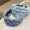 Faixa de Cabelo Jeans com Lantejoulas Estilo Hong Kong Retrô Design Coreano de Nicho Versátil Versão Larga Rasgada Faixa Personalizada para Cobrir Costuras do Cabelo para Mulheres