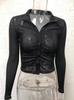 Cárdigan plisado sexy con solapa y cuello POLO para mujer, camisa de manga larga de un solo pecho, transfronteriza europea y americana de Amazon 2024