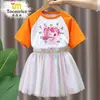 Adorable y Lindo Conjunto de Vestido de Malla de Manga Corta con Estampado para Niñas, Camiseta y Falda Corta para Verano 7