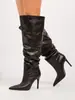 Botas de couro de cano alto e salto alto europeias e americanas transfronteiriças, novo estilo outono e inverno, bico fino, salto agulha, botas longas acima do joelho, cor sólida, couro texturizado, design simples