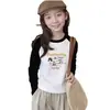Camiseta de Manga Larga de Algodón Puro con Bloques de Color de Dibujos Animados para Niñas, Camiseta Básica Versátil Informal de Patchwork para Niños de Primavera y Otoño, Moderna