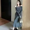 Colección Otoño 2026: Elegante y Deslumbrante Vestido para Cita, de Cintura Alta, Adelgazante, Elegante Vestido Largo Gris