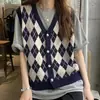 Colete de tricô xadrez estilo universitário para outono e inverno para mulheres, corte solto, colete suéter sem mangas versátil para estudantes