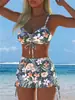 Traje de baño de dos piezas para playa, halter top floral tropical en tonos grises con cordón, cintura alta, amarre lateral, conservador, adelgazante