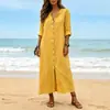 Vestido Longo Casual Outono 2026 Cruzamento de Fronteiras Manga Média V-Neck Botão Frontal Solto para o Dia a Dia