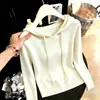 Blusa de Tricô Casual com Capuz e Cordão para Mulheres Outono Inverno Estilo Curto Punhos Canelados Pode Ser Usada Sozinha Blusa de Manga Longa Base para Mulheres