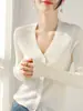 Cardigan de Lã Tricotado Slim-fit Vertical Canelado com Decote V Versátil Preto para Mulheres Primavera/Outono Casaco Suéter de Manga Longa Toque de Alto Padrão