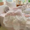 Juego de ropa de cama de cuatro piezas estilo coreano, de algodón lavado suave y delicado, 100% algodón con ribete de encaje, incluye funda de edredón y sábana bajera, disponible como juego de tres piezas para una persona
