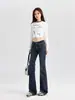 Jeans Acampanados de Tiro Bajo Estilo Americano para Mujer 2025 Primavera y Otoño Nuevos Ajustados Bordados Modernos de Pierna Recta Hasta el Suelo Pantalones de Campana