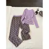 Pijama elegante de color morado suave, ajustado y de manga larga para mujer, nuevo conjunto de dos piezas para principios de otoño, pantalón largo con estampado de estrellas adelgazante, ropa de casa