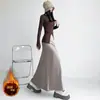 Falda satinada de sirena para mujer, otoño e invierno, forrada de polar, engrosada, de cintura alta, con efecto drapeado, que cubre la cadera, de longitud media