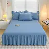 Protector de Cama Estilo Princesa Crema Estilo Francés Algodón Lavado 100S con Faldón de Cama con Volantes y Funda de Edredón Plisada