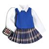 2025 Nuevo Producto Transfronterizo de Comercio Exterior Estilo Coreano Chaleco de Punto para Niña Top de Color Sólido con Solapa Falda Plisada a Cuadros Conjunto de Tres Piezas