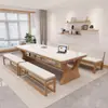Seleção rigorosa de mesa de madeira maciça com tampo em rocha, novo estilo chinês cor creme, mesa de estudo, mesa de computador para integração com sala de estar, mesa de jantar