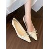 Um jantar suave! Elegantes saltos agulha branco-creme femininos para primavera e outono bico fino laço raso sapatos de camada única marrom escuro