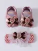 Conjunto Faixa de Cabelo com Laço para Bebê + Sapatos Fofos para Foto de Cem Dias Acessórios de Cabelo Sapatos Estilo Princesa 0-1 Sapatos de Bebê