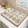 Tapete de Placa Anti-Escaldante e Absorvente de Água, Tapete Drenante para Bancada de Cozinha Estilo Azulejo Retro Americano de Terra de Diatomáceas