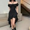 Em Seul Vestido Assimétrico Preto com Babados para Mulheres Verão Novo Um Ombro Cintura Saia Sexy para Mulheres