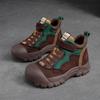 Sapatos femininos de outono e inverno novos da Shanghai Jie shu, de cano alto, cor contrastante, bico redondo, sola grossa, couro de porco BA, velcro, moda, tendência.
