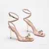 Zapatos de Tacón Alto de Moda de Verano con Pedrería y Correa al Tobillo, Cómodos, Transpirables, Elegantes, de Lujo Ligero para Mujer, Sandalias de Tacón de Aguja con Punta Cuadrada