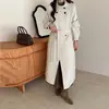 Elegante Casaco Longo de Lã com Gola Alta, Botões Assimétricos, Dupla Face, Estilo Novo Outono/Inverno para Mulheres, Cinza Bege