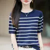 Suéter de punto de algodón de manga corta a rayas retro francés con cuello redondo, adelgazante, agradable para la piel, camiseta top