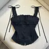 Chal de encaje francés resistente vintage con volantes en la espalda sin espalda para mujer, diseño de verano, cintura ceñida, adelgazante, top de chica atractiva