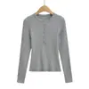2556-25 Novo Estilo Outono Francês Retrô Elegante Casual Gola Redonda Botão Único Cinza Cânhamo Malha Plissada Slim