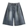 Toma Real de Shorts de Mezclilla Cropped de Pierna Ancha Lavados Estilo Vintage Retro Americano Talla Grande 21 para Mujer, Nuevo Estilo de Verano, Pantalones Rectos de Ocho Puntos