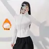 Jaqueta de Yoga Feminina com Forro de Fleece para Outono e Inverno Gola Alta Zíper Cintura Ajustada Slim-Fit Roupa Fitness Polegar Espessado Fleece Top Esportivo