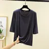 Camiseta Base de Modal para Mujer Costura Primavera y Verano Delgada Holgada T-shirt talla extra Todo-partido Adelgazante Cuello Redondo Manga Media Top