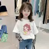 Camiseta de Manga Larga de Algodón Puro Primavera y Otoño Nuevo Estilo para Niños Medianos y Grandes Cuello Redondo Camiseta Base Niñas Holgada Moda Rayas Versátil Moderna Camiseta