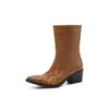 Botas de Cuero de Vaca Lavables en la Capa Superior Colección Otoño/Invierno 2026 Tacón Medio Grueso Punta Cuadrada Cuero Genuino Slip-On Botas de Media Caña para Mujer