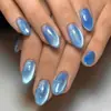 Unhas Vestíveis Cor Sólida Azul Gelo Olho de Gato, Adesivos de Unha Longos Amêndoa Refrescantes, Transparentes e Adequados para o Trabalho, Unhas Postiças Removíveis