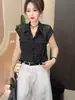 Moda Verano 2026 Lujo Ligero Ligeramente Transparente Lunares Solapa Manga Corta Camisa para Mujer Elegante Versátil Top Delgado