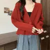 Cardigan Suéter Curto de Manga Longa com Senso de Design Feminino Primavera e Outono Gola V Macio Textura de Cera Estilo Coreano Preguiçoso Slim Top de Tricô