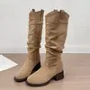 Botas largas plisadas de tacón grueso a la moda con plataforma interior para mujer, otoño/invierno 2026, botas largas color Maillard, botas de caña alta vaqueras adelgazantes