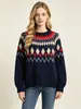Atacado transfronteiriço direto da fábrica: Suéter jacquard Fair Isle estilo europeu e americano para mulheres, outono e inverno, padrão de losangos, gola redonda, peça de tricô
