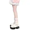 Cubrepiés de punto trenzado blanco con pompón para otoño e invierno para mujer, calentadores de piernas estilo JK lindos japoneses, calcetines de felpa rosa con lazo Lolita
