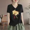E-commerce Transfronteiriço Mãe Meia-idade Camiseta de Manga Curta Feminina Solta Tamanho Grande Gola V Top Design Irregular Senso de Design Camiseta de Nicho