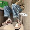 Homens jeans retos inverno estilo coreano moda moda retrô solto Plaid perna larga daddy calças longas