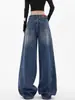 Jeans Ripped Retro Americano Scimitar para Mulheres, Design Outono e Verão, Calças de Pierna Larga Sickle Soltas e Emagrecedoras Comprimento Total