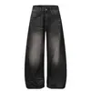 G6997 Calle Principal Estilo Americano Unisex Modernos Lavados Vintage Diseño de Bigotes de Gato Jeans Holgados para Hombre Corte Curvo
