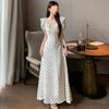 2025 Verano Nuevo Estilo Francés Retro Polisette Encaje con Cordones Manga Abullonada Adelgazante Vestido Largo vestido Chic para Mujer